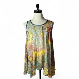 Pretty Angel Women's Sheer Yellow Multi Pattern Sleeveless Round Neck Tunic Top‎